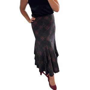 Tribal midi skirt, sz 10, grey, purple, magenta, swing hem, EUC, wool blend